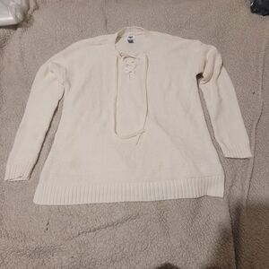 Old Navy Women's Ivory Lace-Up V-Neck Sweater